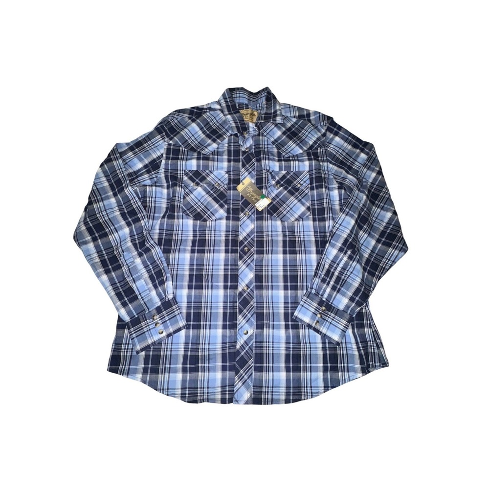Wrangler Retro Shirt Mens XL Long Sleeve Button Up Pearl Snap Blue Plaid New